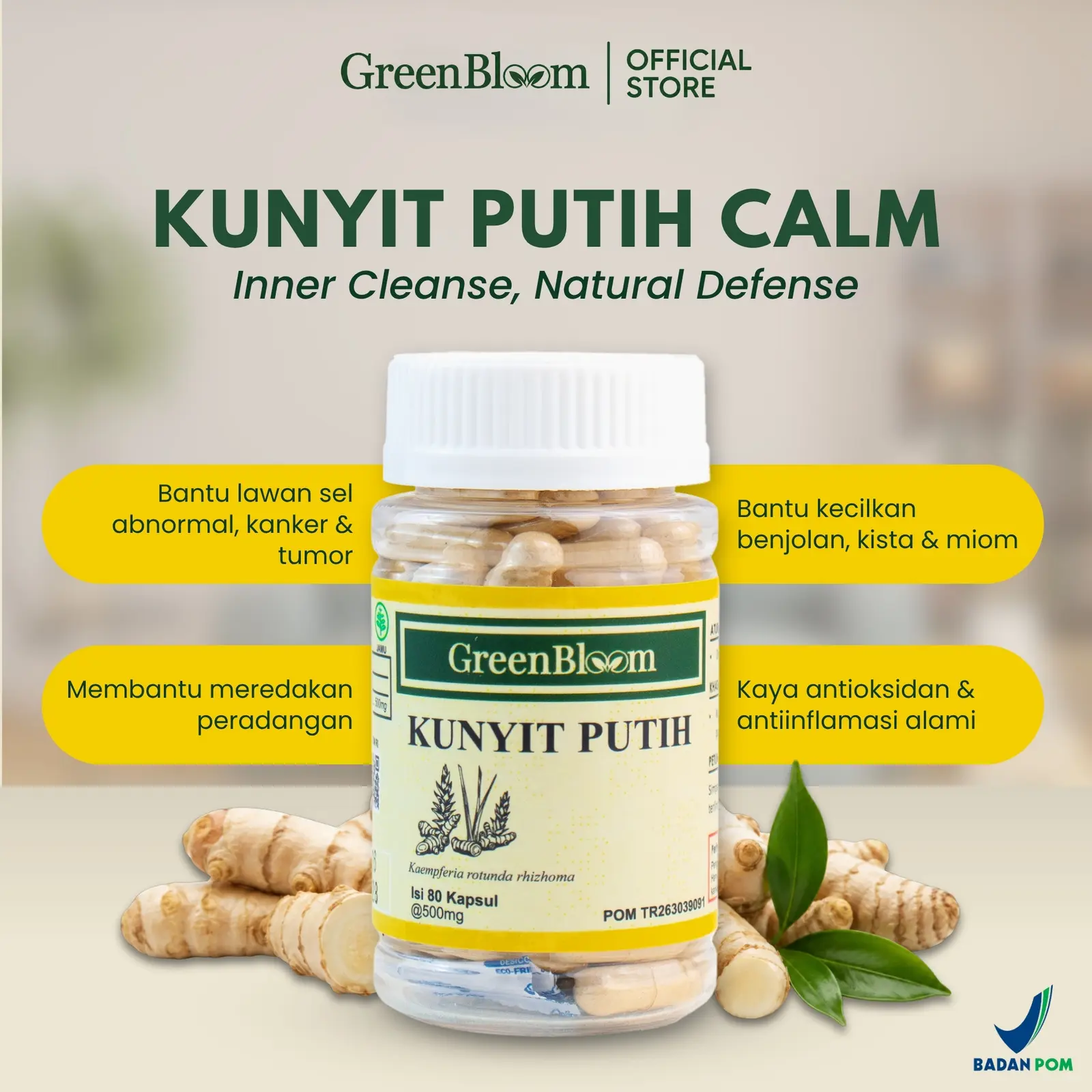 GreenBloom Kunyit Putih 80 Kapsul - Memelihara Kesehatan Pada Penderita Tumor & Benjolan โ foto 2