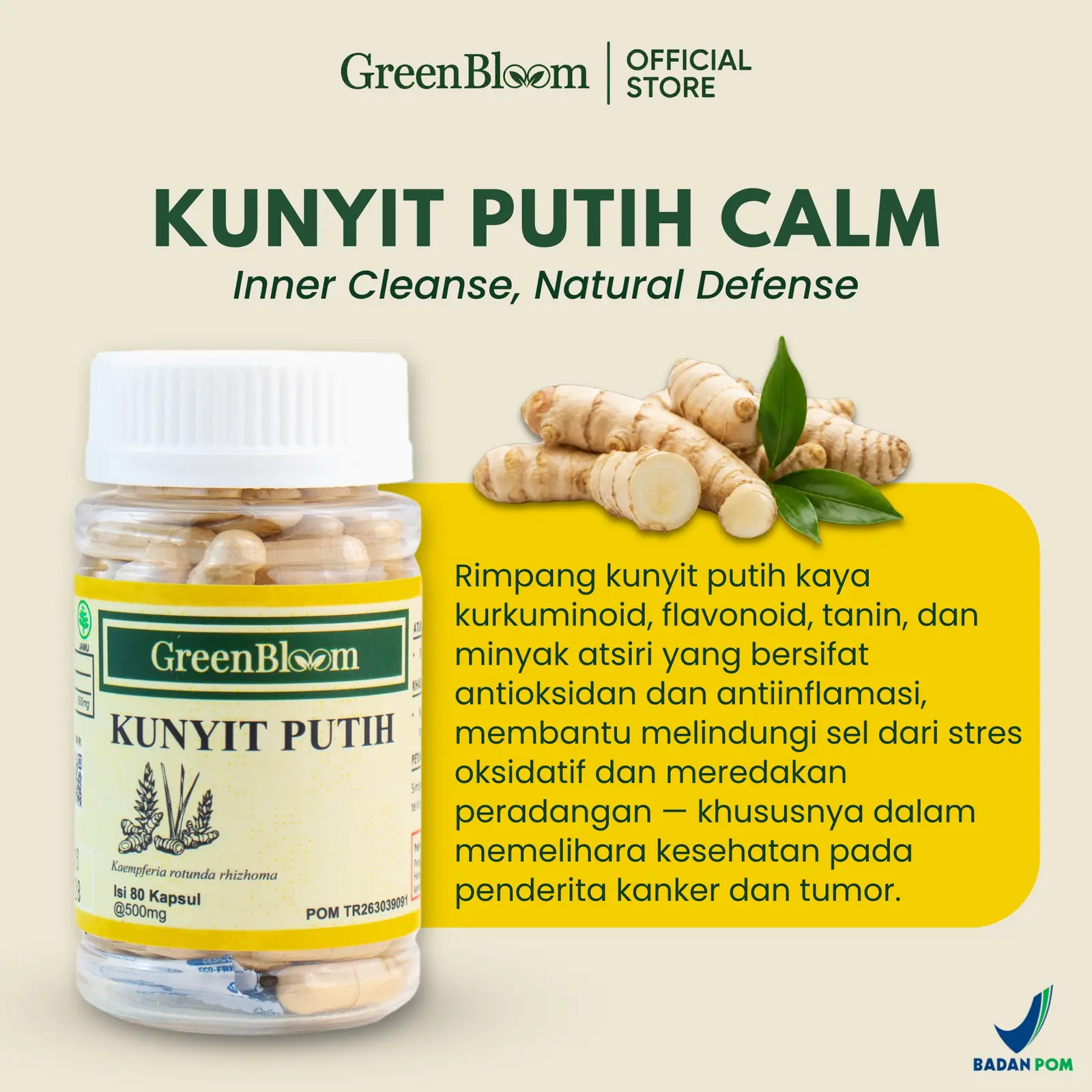 GreenBloom Kunyit Putih 80 Kapsul - Memelihara Kesehatan Pada Penderita Tumor & Benjolan โ foto 3