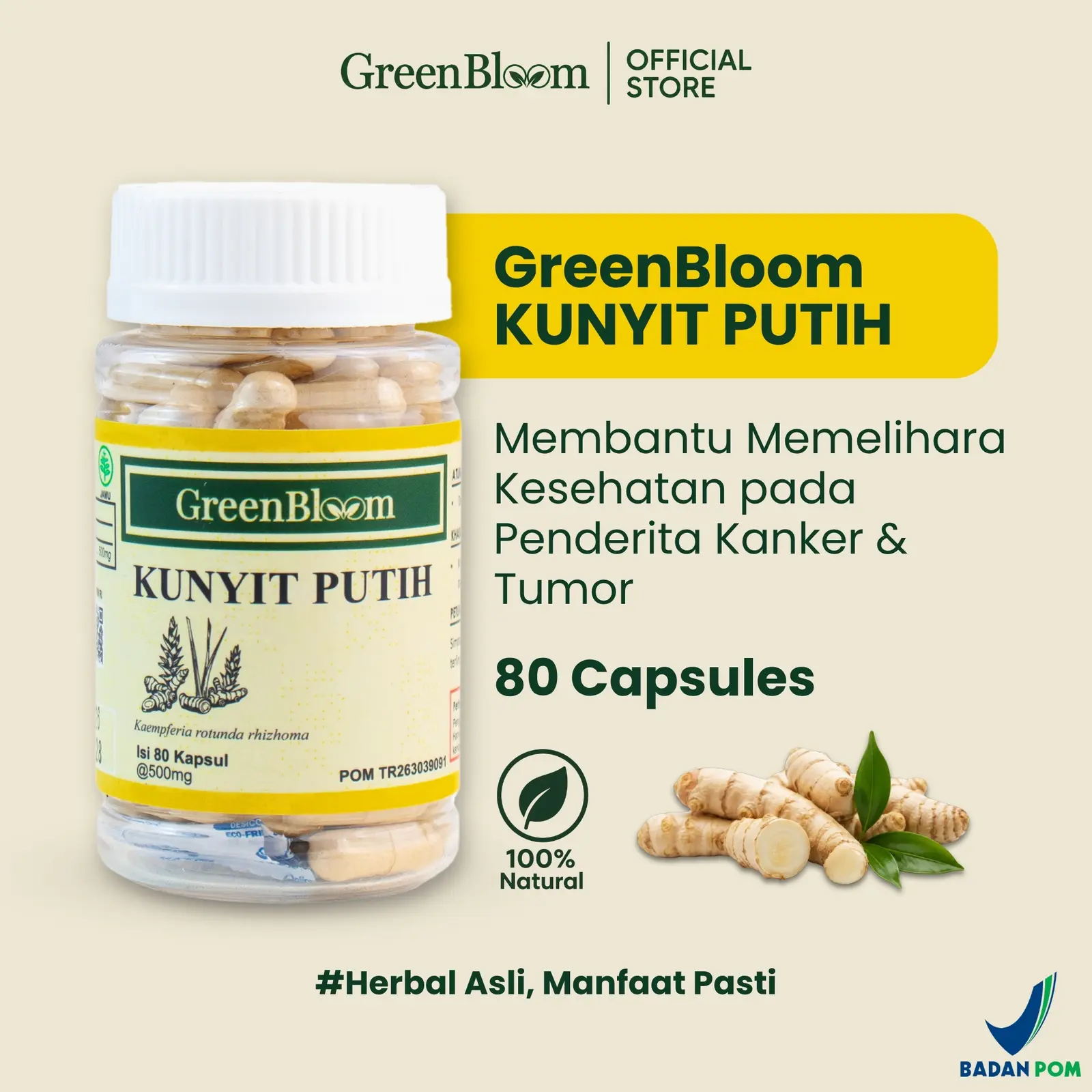 GreenBloom Kunyit Putih 80 Kapsul - Memelihara Kesehatan Pada Penderita Tumor & Benjolan