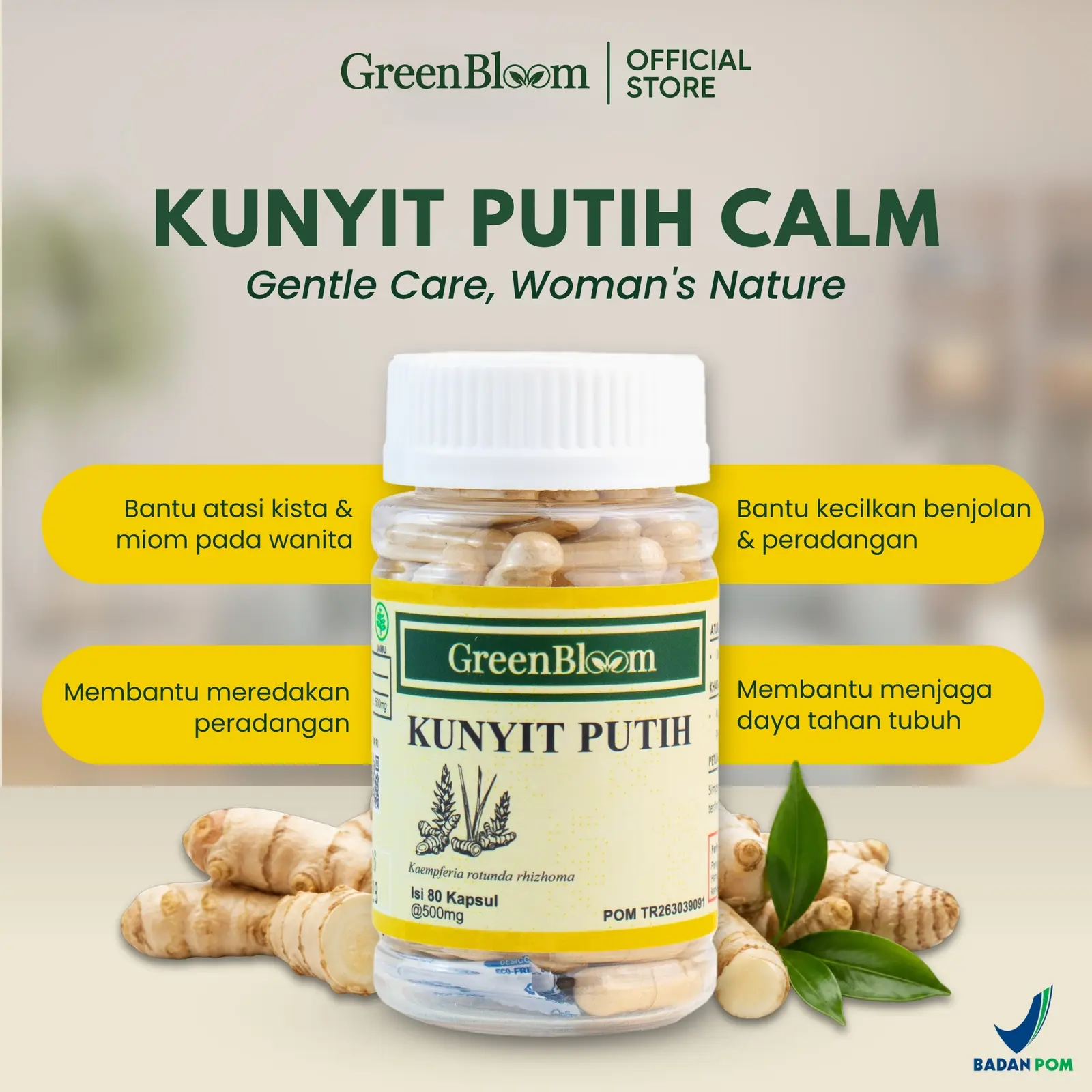 GreenBloom Kunyit Putih 80 Kapsul - Kista Miom Benjolan Peradangan Kesehatan Rahim Wanita Herbal BPOM โ foto 2