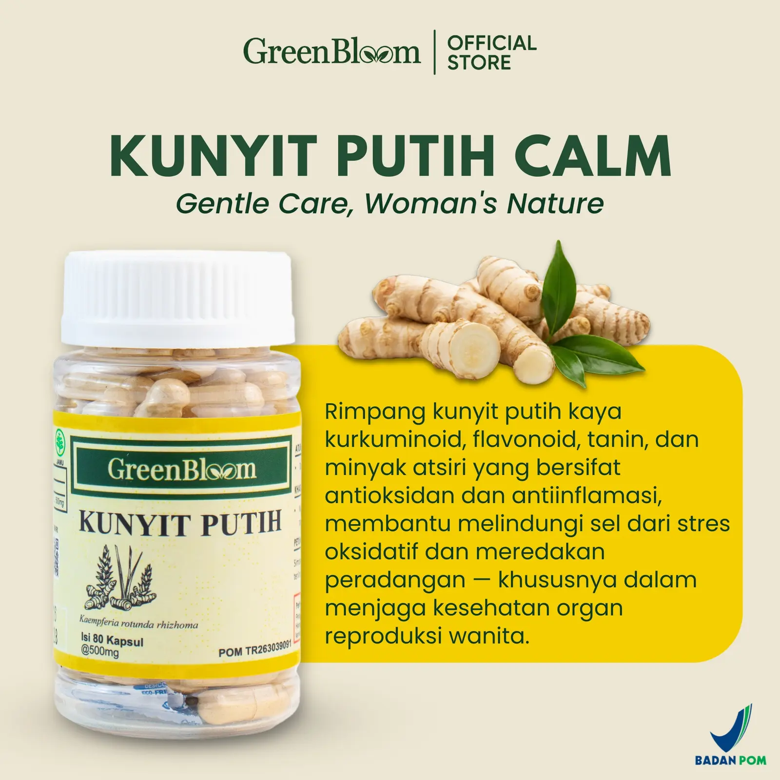GreenBloom Kunyit Putih 80 Kapsul - Kista Miom Benjolan Peradangan Kesehatan Rahim Wanita Herbal BPOM โ foto 3