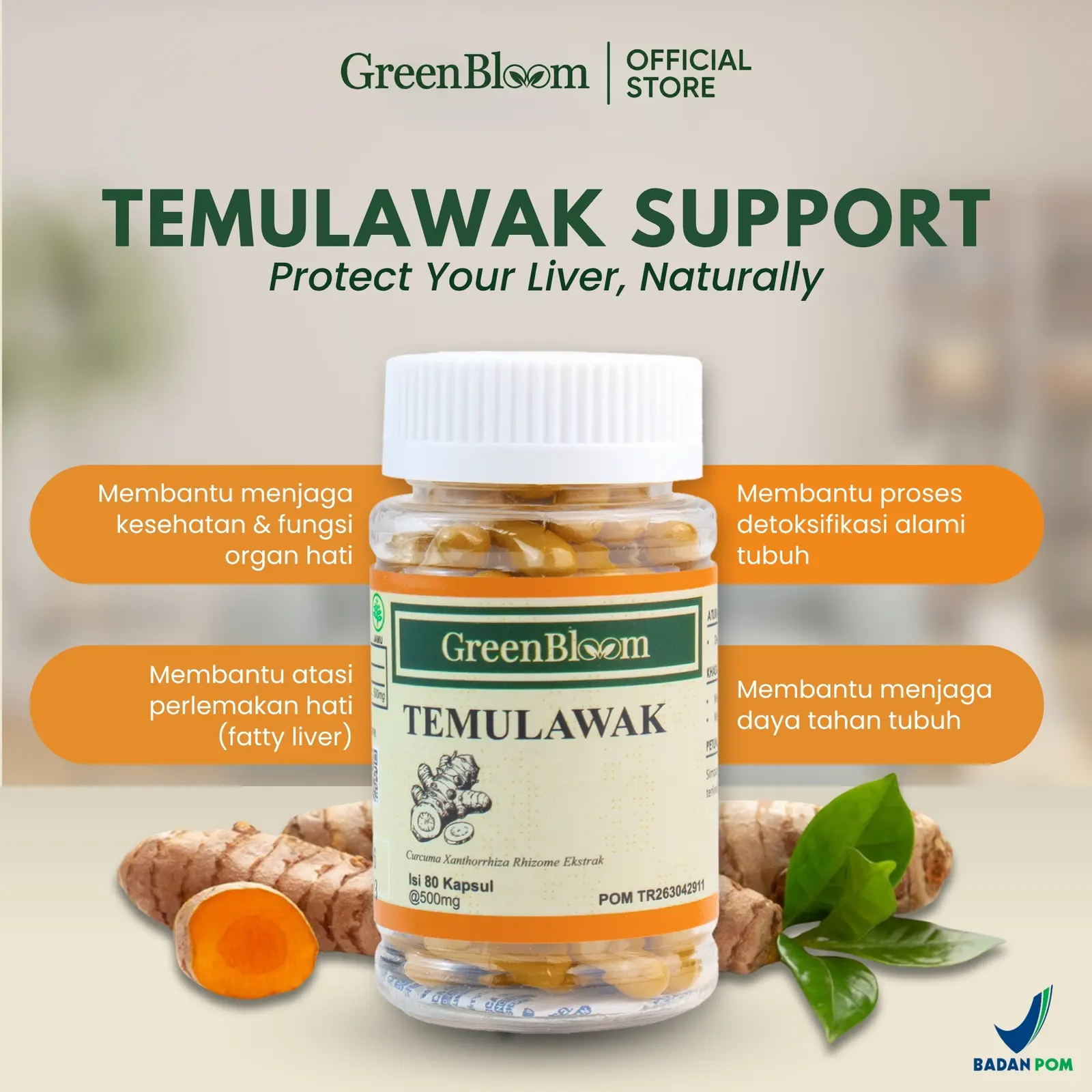 GreenBloom Temulawak 80 Kapsul - Fatty Liver Hati Berlemak Kesehatan Liver Detox Herbal BPOM โ foto 2