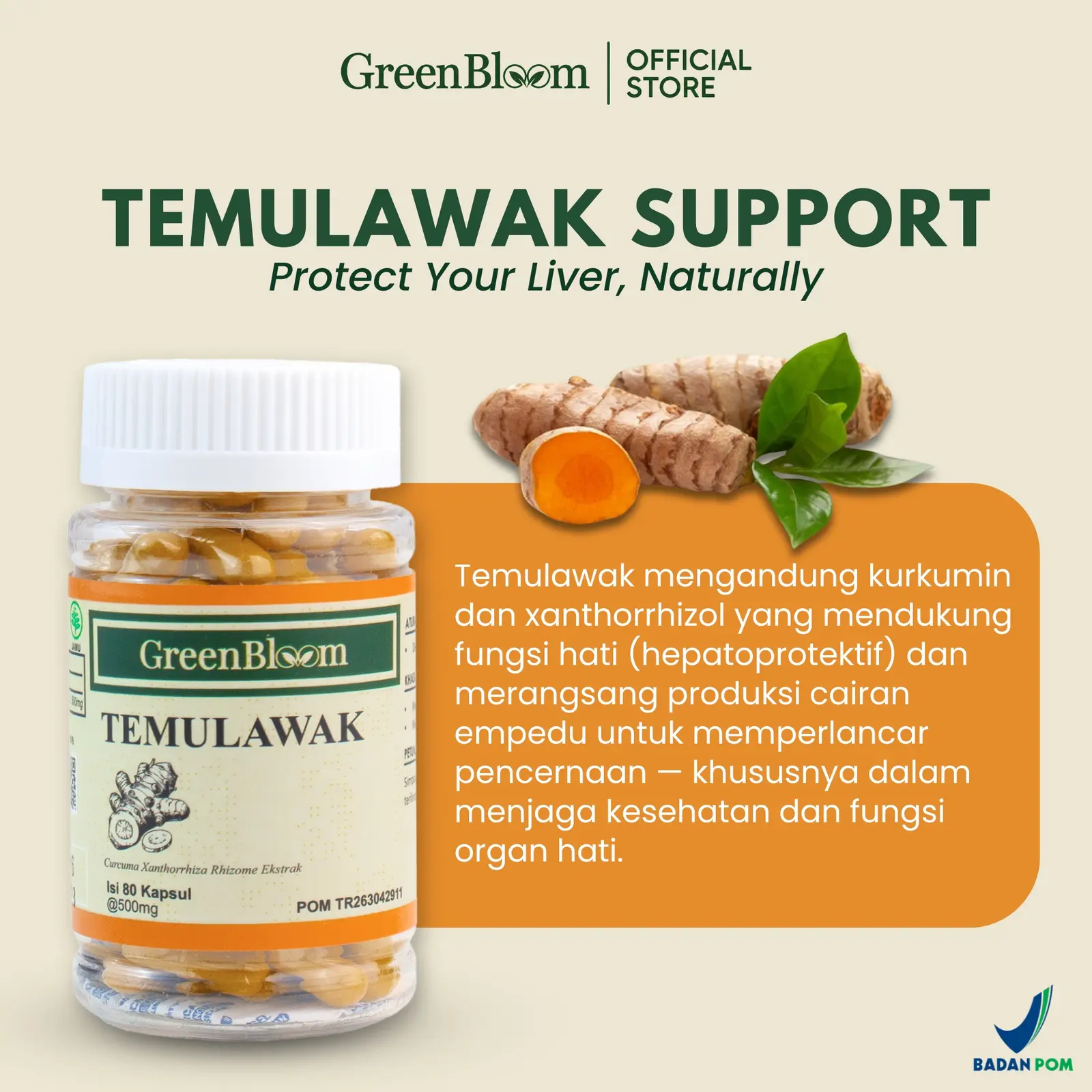 GreenBloom Temulawak 80 Kapsul - Fatty Liver Hati Berlemak Kesehatan Liver Detox Herbal BPOM โ foto 3