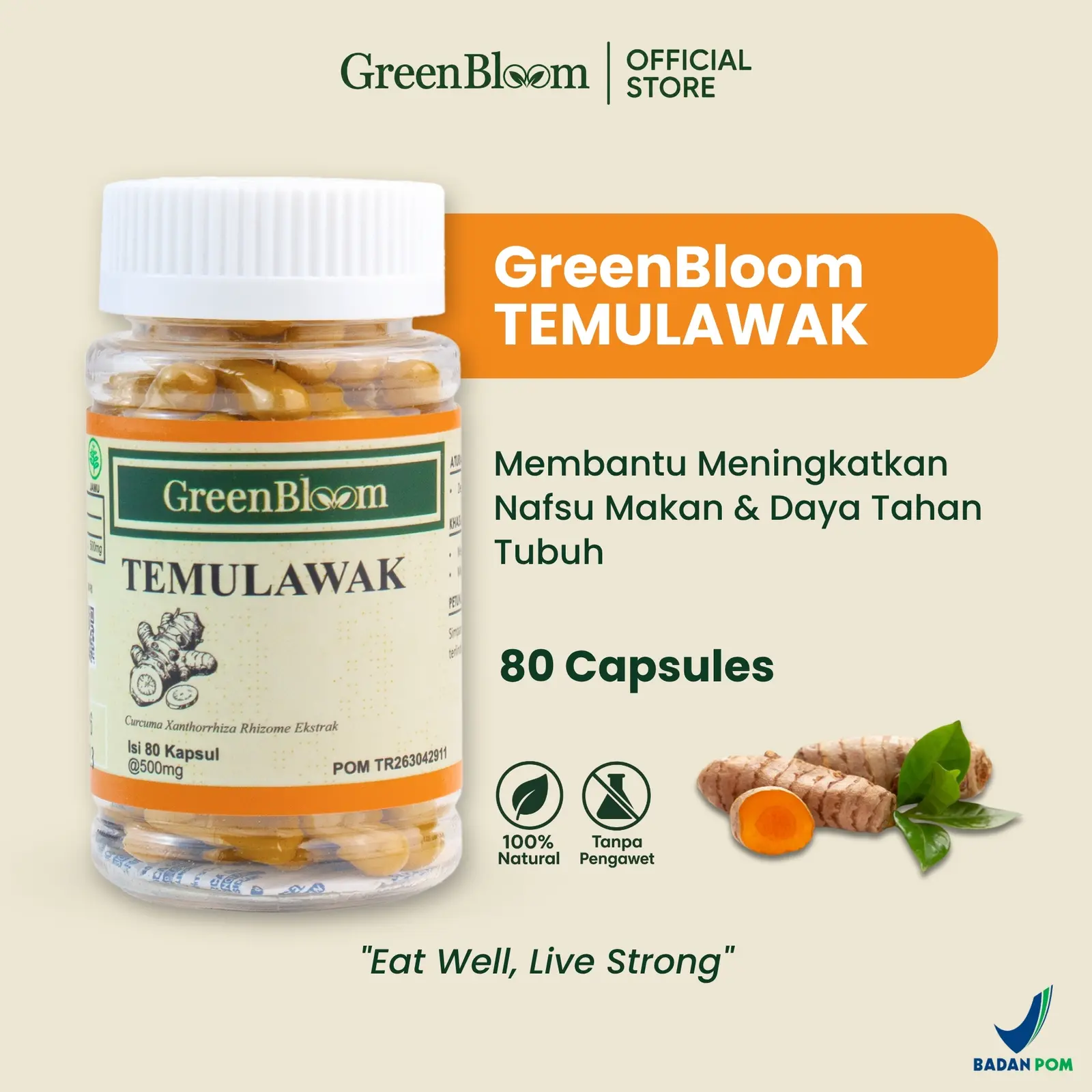 GreenBloom Temulawak 80 Kapsul - Penambah Nafsu Makan Anak Dewasa Daya Tahan Tubuh Herbal BPOM