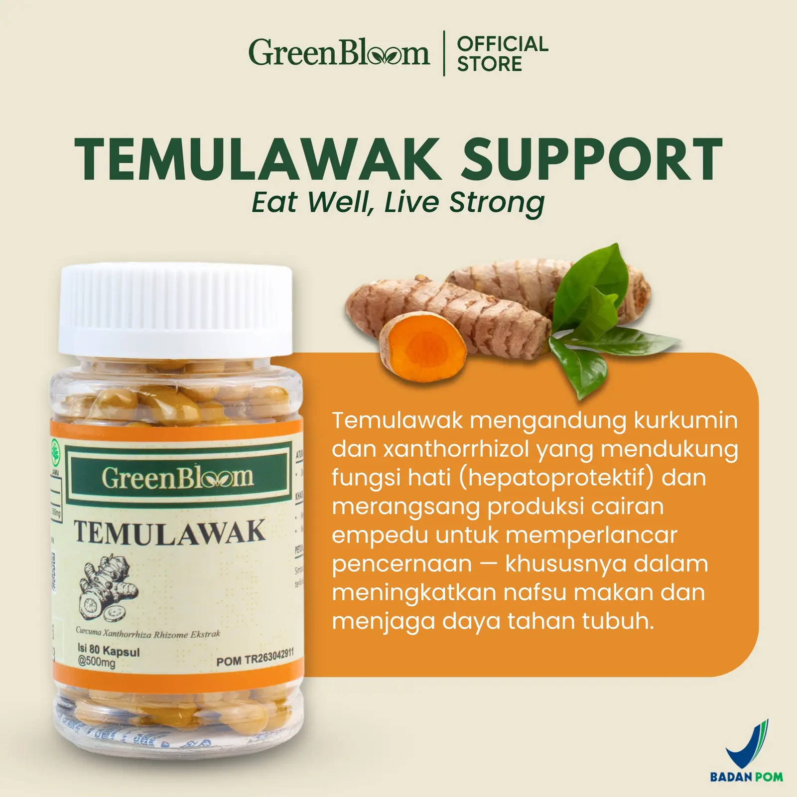 GreenBloom Temulawak 80 Kapsul - Penambah Nafsu Makan Anak Dewasa Daya Tahan Tubuh Herbal BPOM โ foto 3