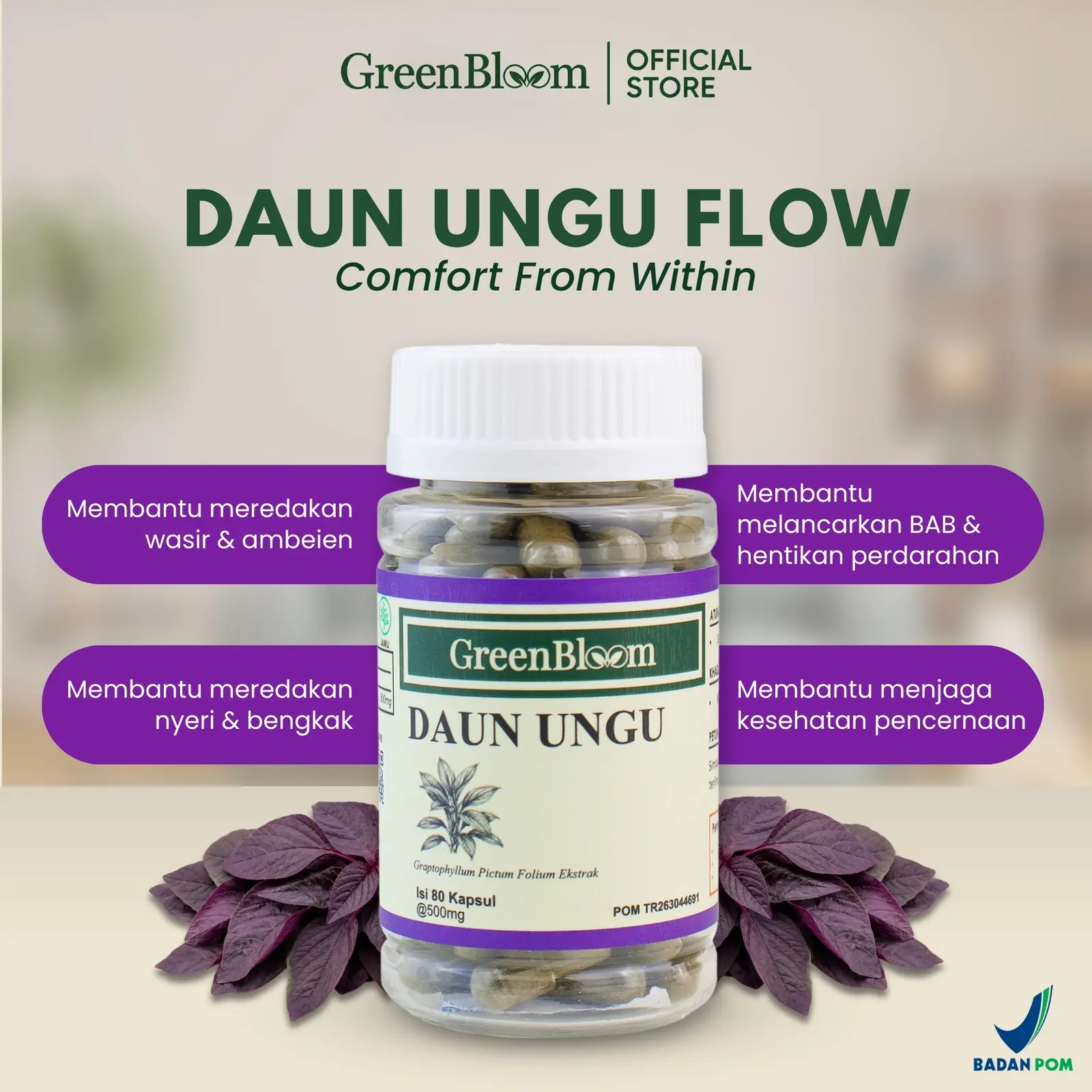 GreenBloom Daun Ungu 80 Kapsul - Wasir Ambeien Ambeyen BAB Berdarah Benjolan Herbal BPOM โ foto 2