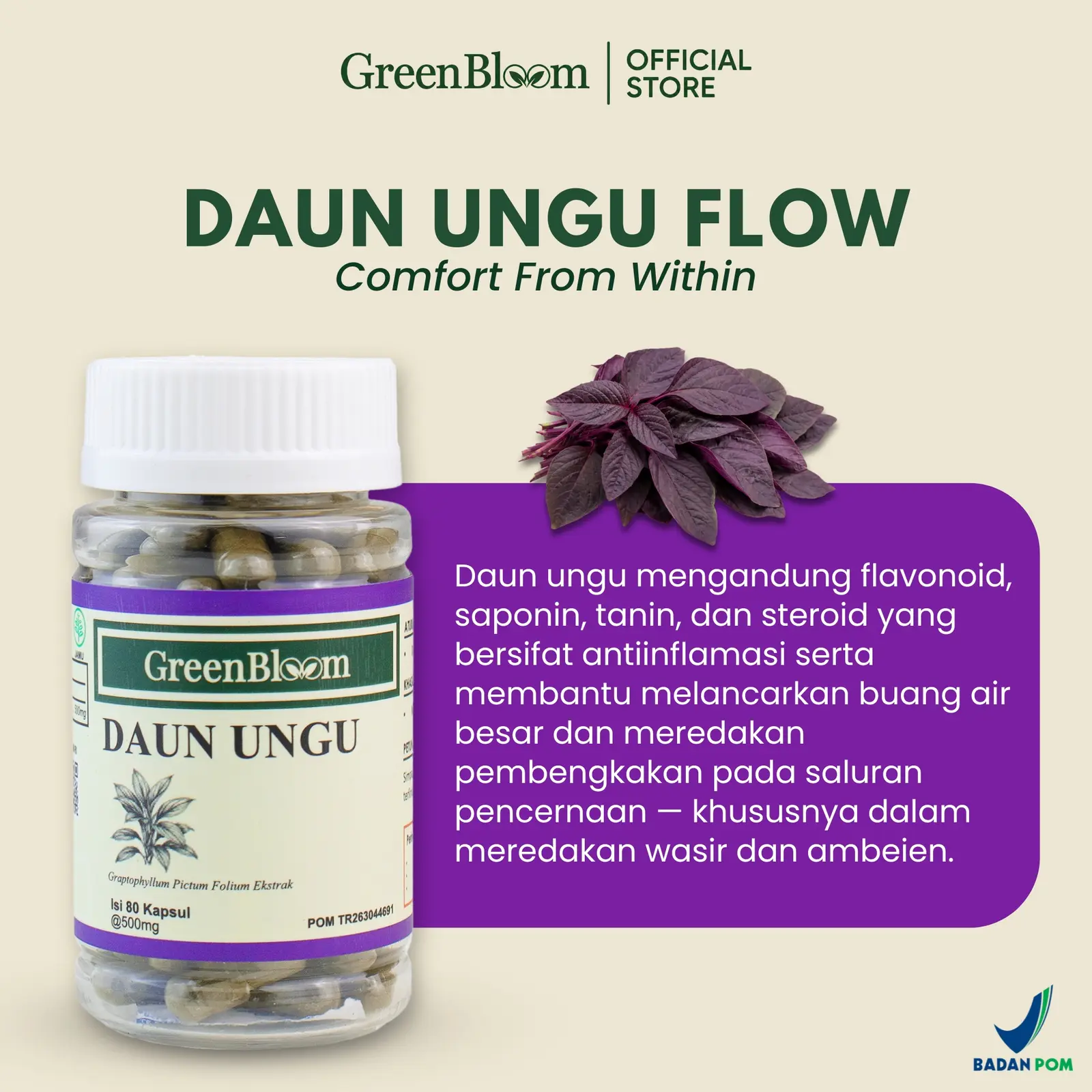 GreenBloom Daun Ungu 80 Kapsul - Wasir Ambeien Ambeyen BAB Berdarah Benjolan Herbal BPOM โ foto 3