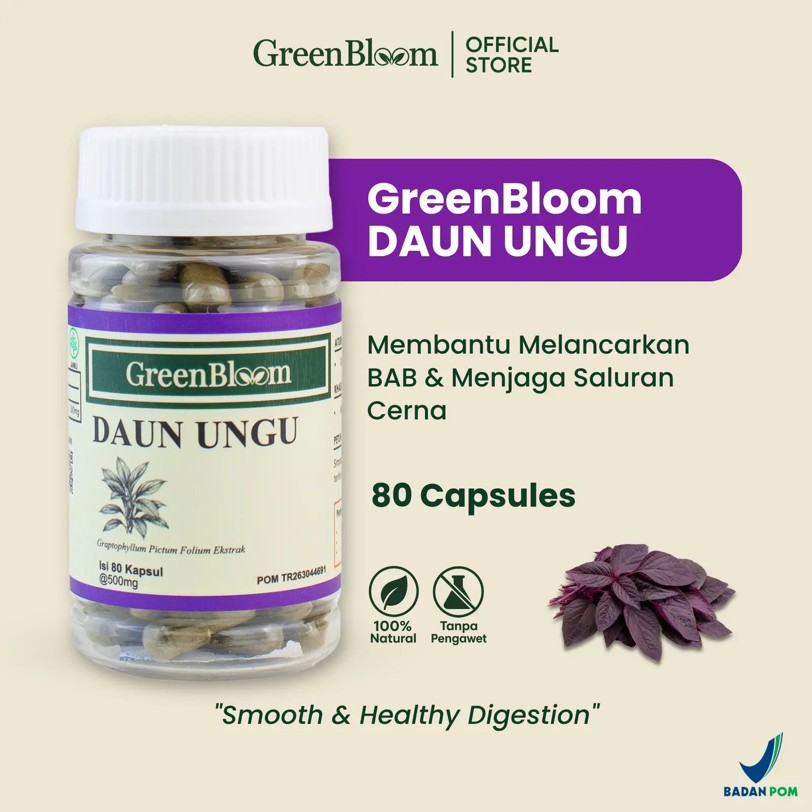 GreenBloom Daun Ungu 80 Kapsul - Susah BAB Sembelit BAB Berdarah Wasir Pencernaan Herbal BPOM