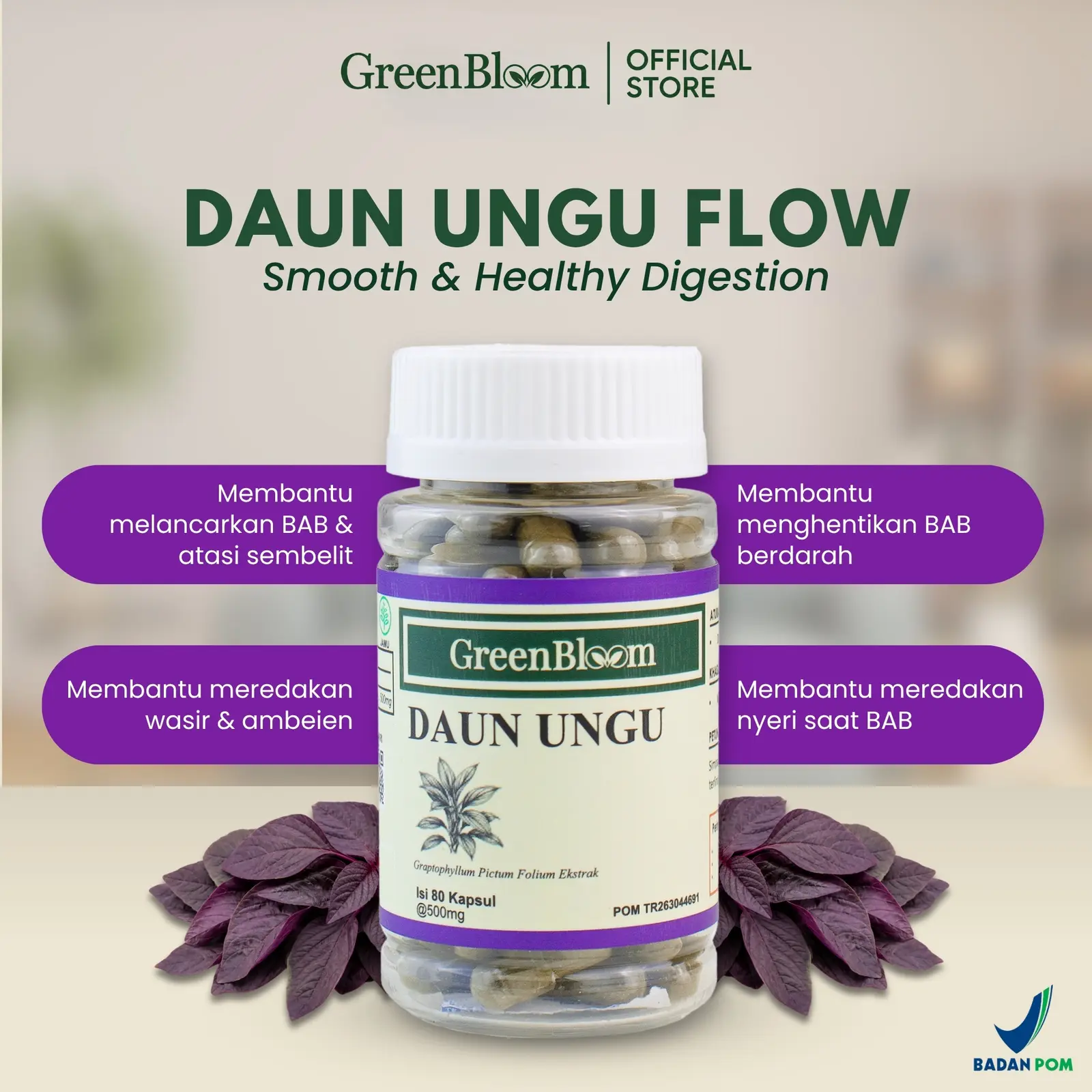 GreenBloom Daun Ungu 80 Kapsul - Susah BAB Sembelit BAB Berdarah Wasir Pencernaan Herbal BPOM โ foto 2