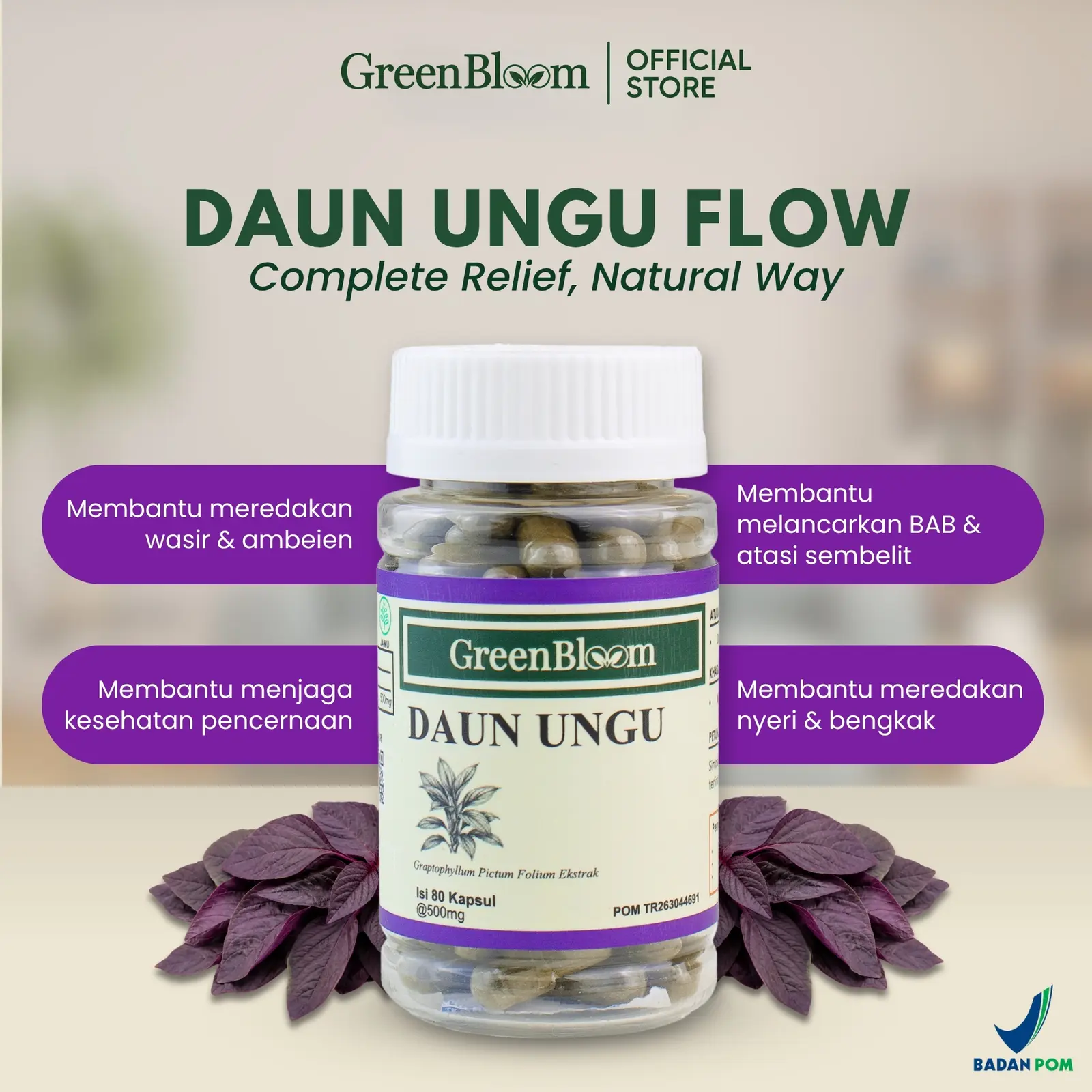 GreenBloom Daun Ungu Paket 2 Botol - Wasir Ambeien Sembelit BAB Berdarah Herbal BPOM โ foto 2