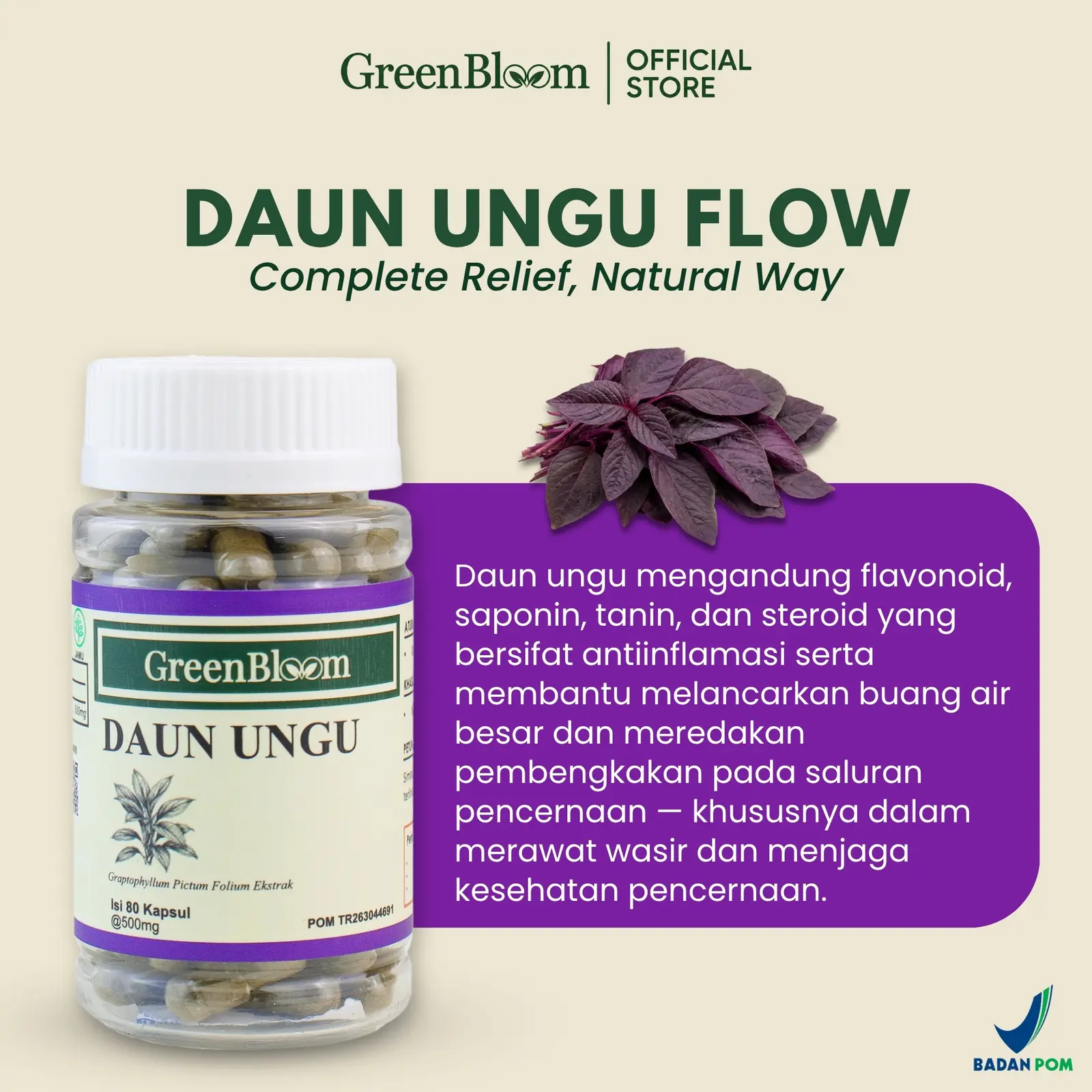 GreenBloom Daun Ungu Paket 2 Botol - Wasir Ambeien Sembelit BAB Berdarah Herbal BPOM โ foto 3
