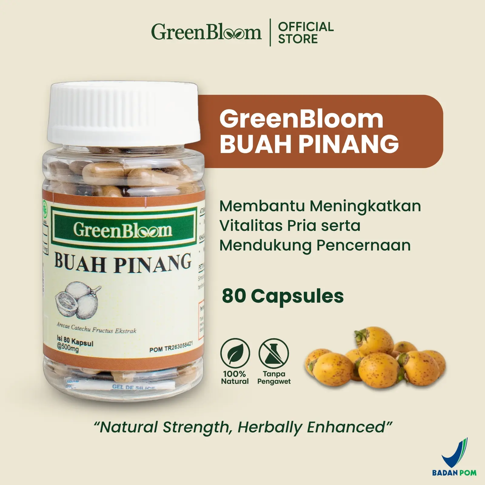 GreenBloom Buah Pinang 80 Kapsul - Stamina Pria Vitalitas Kejantanan Energi Kuat Herbal BPOM