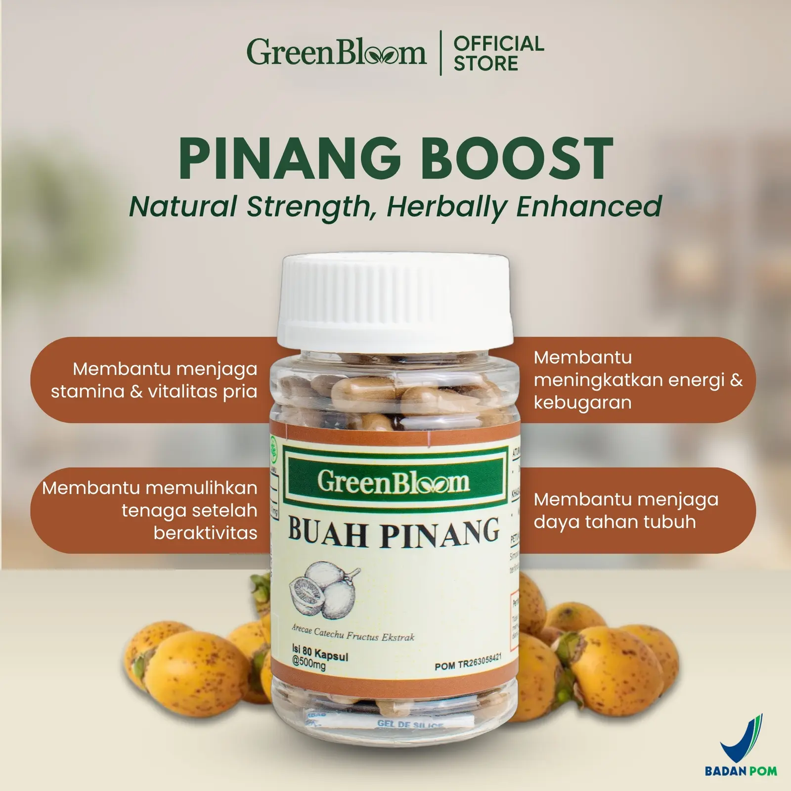 GreenBloom Buah Pinang 80 Kapsul - Stamina Pria Vitalitas Kejantanan Energi Kuat Herbal BPOM โ foto 2