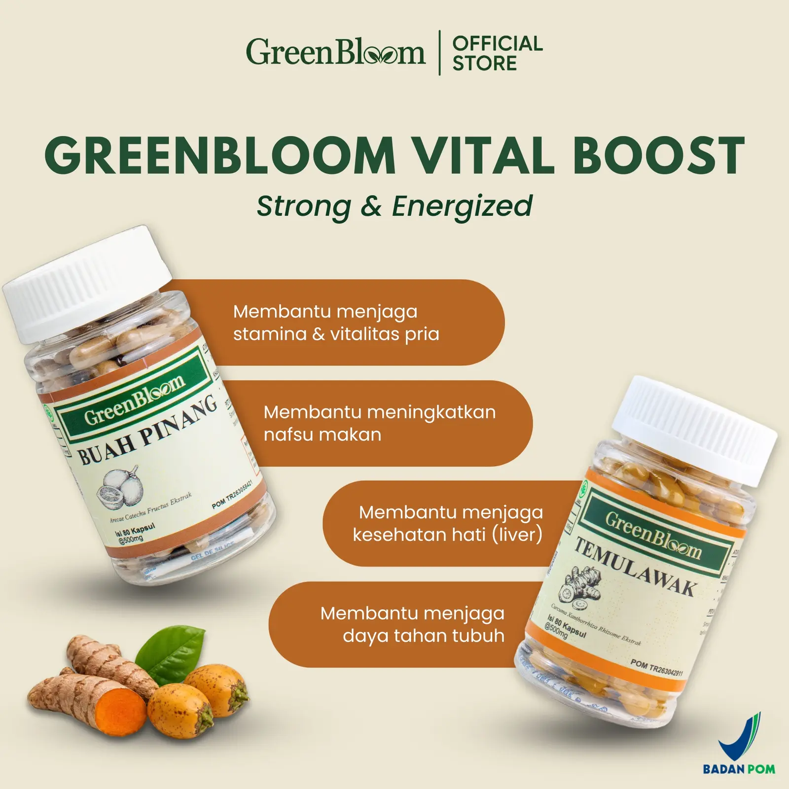 GreenBloom Stamina & Nafsu Makan - Buah Pinang + Temulawak | Vitalitas Pria & Kesehatan Liver @80 Kapsul โ foto 2
