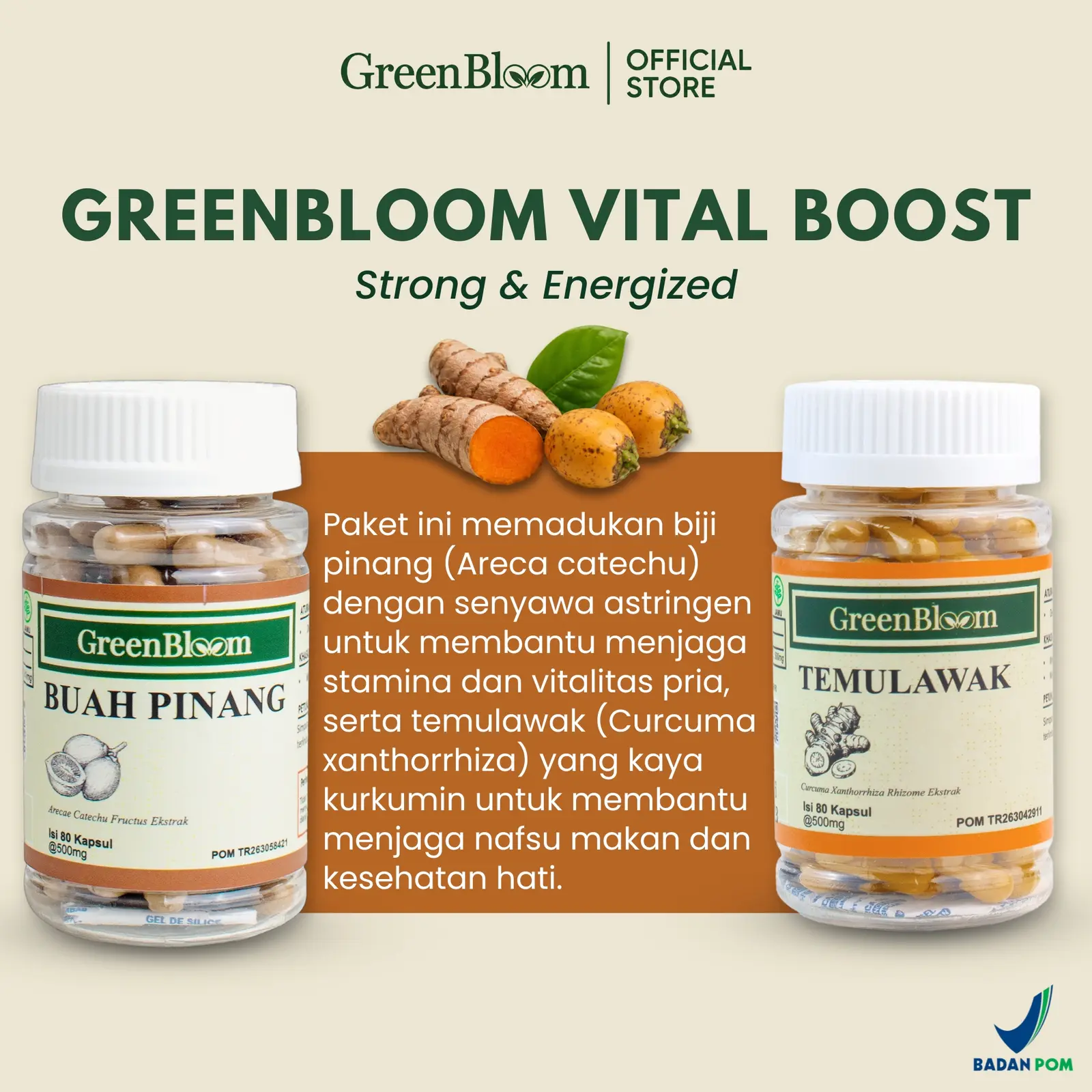 GreenBloom Stamina & Nafsu Makan - Buah Pinang + Temulawak | Vitalitas Pria & Kesehatan Liver @80 Kapsul โ foto 3