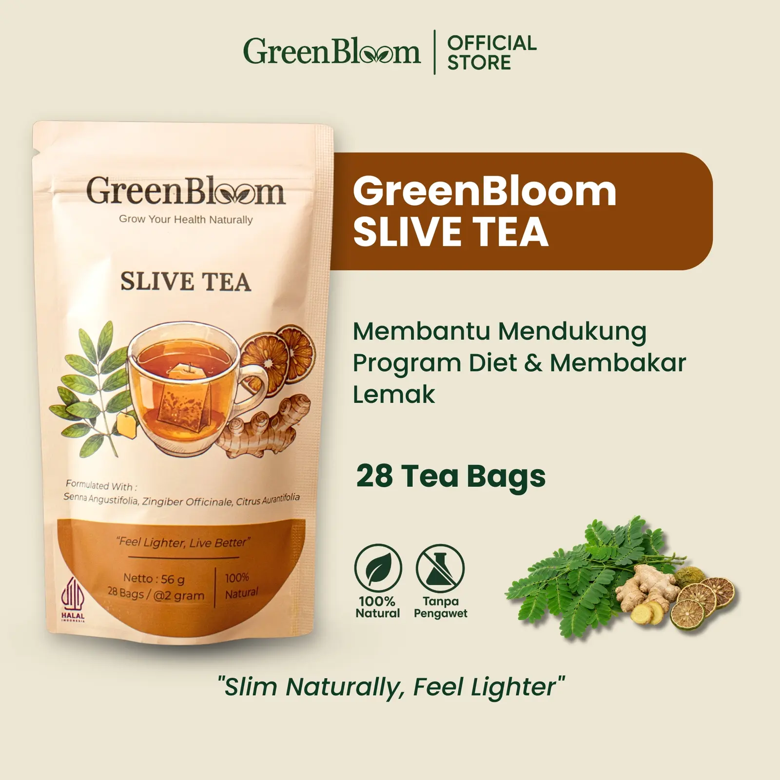 GreenBloom Slive Tea 28 Kantong - Teh Diet Pelangsing Pembakar Lemak Perut Buncit Herbal Alami