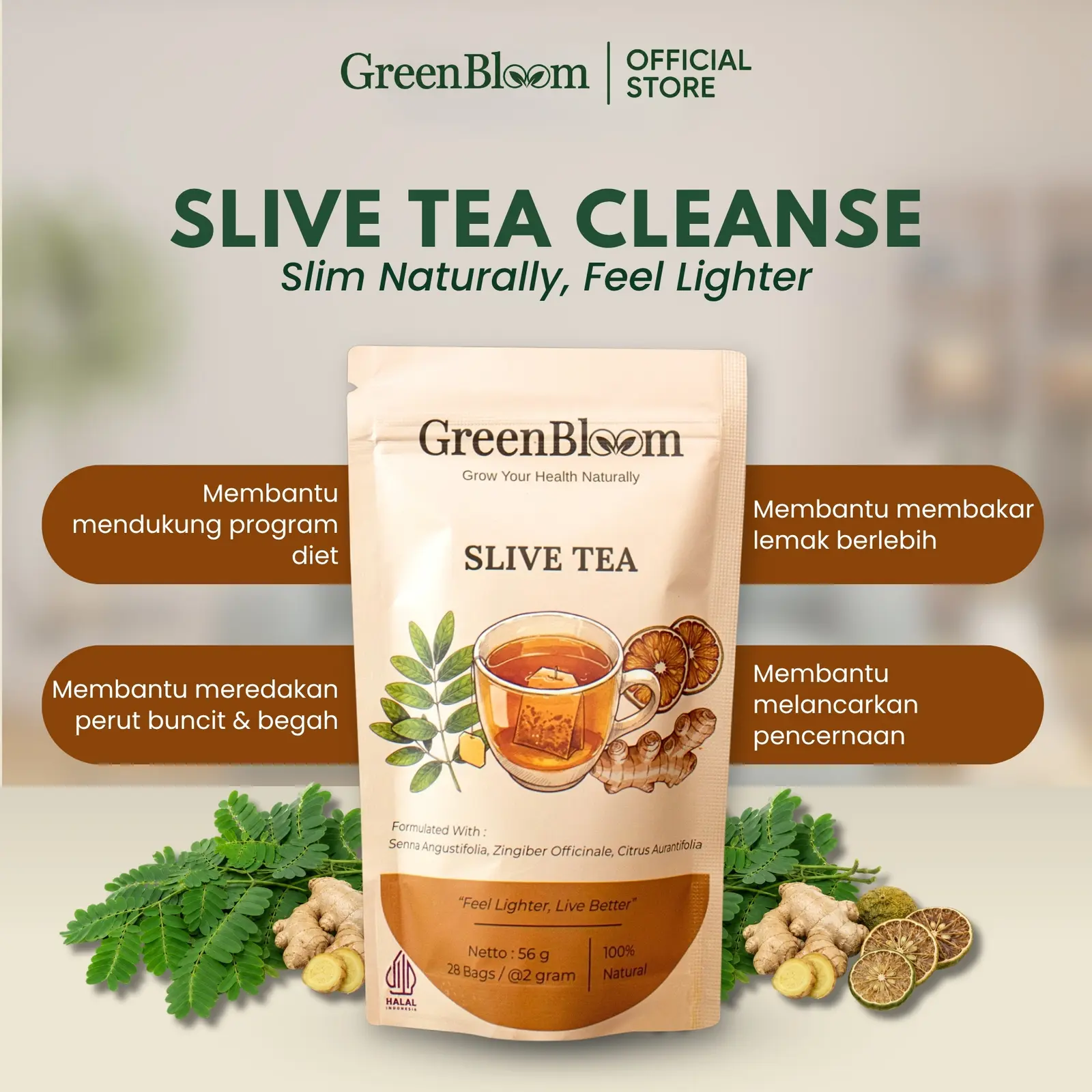 GreenBloom Slive Tea 28 Kantong - Teh Diet Pelangsing Pembakar Lemak Perut Buncit Herbal Alami โ foto 2