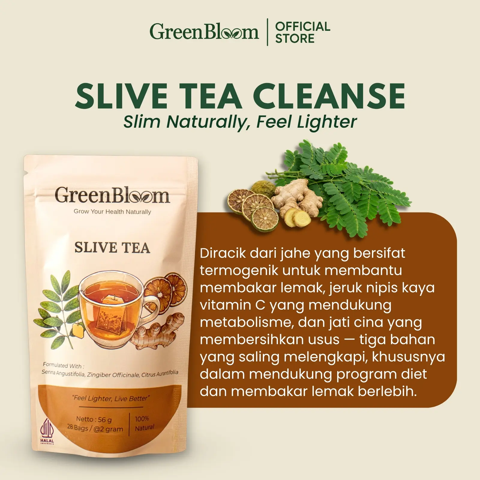 GreenBloom Slive Tea 28 Kantong - Teh Diet Pelangsing Pembakar Lemak Perut Buncit Herbal Alami โ foto 3