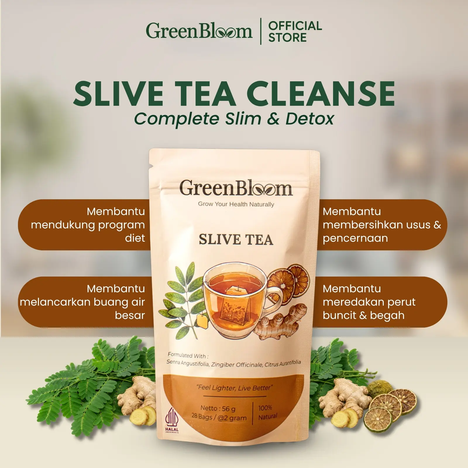GreenBloom Slive Tea Paket 2 Pouch - Teh Diet Detox Pelangsing Buncit Pembakar Lemak Herbal Alami โ foto 2