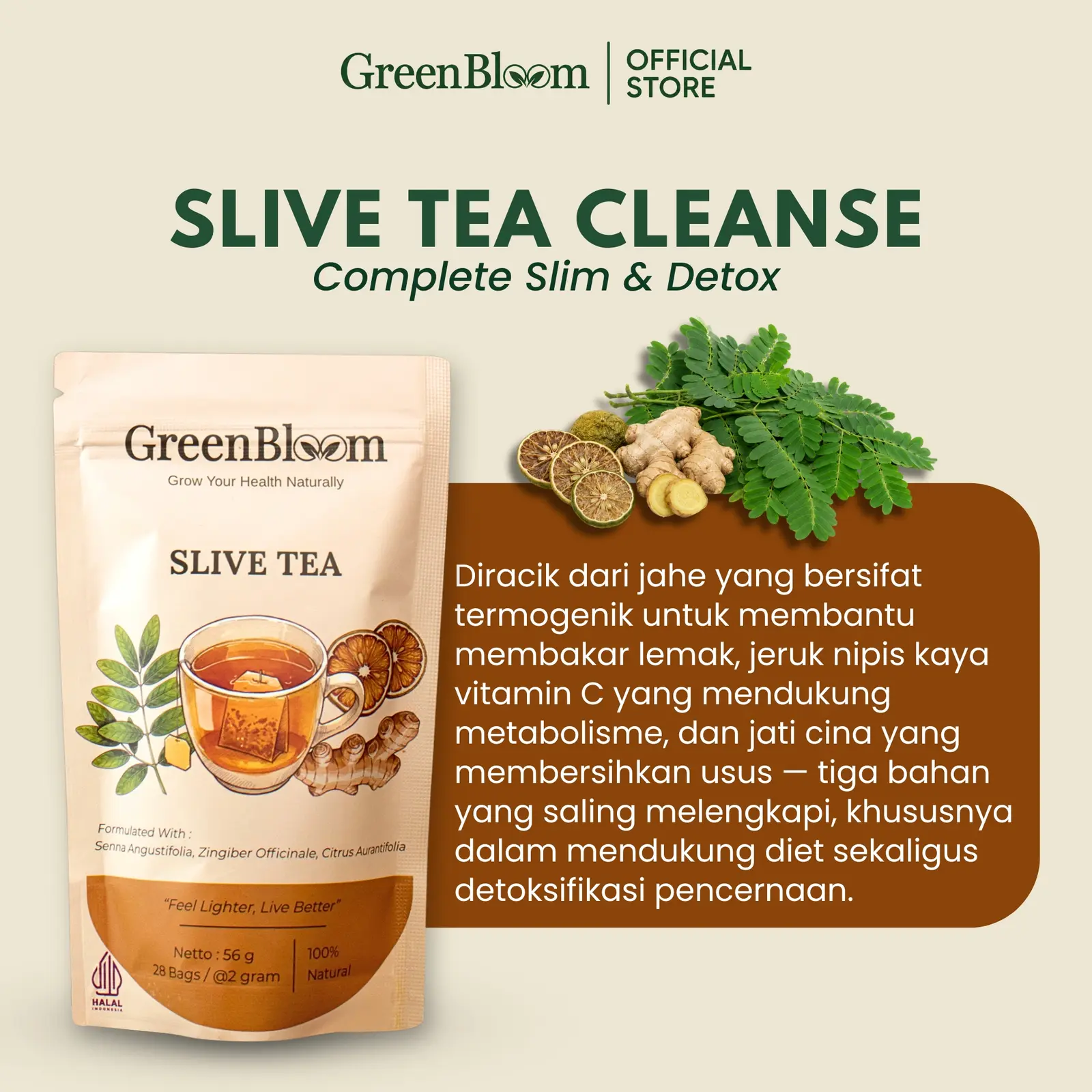 GreenBloom Slive Tea Paket 2 Pouch - Teh Diet Detox Pelangsing Buncit Pembakar Lemak Herbal Alami โ foto 3