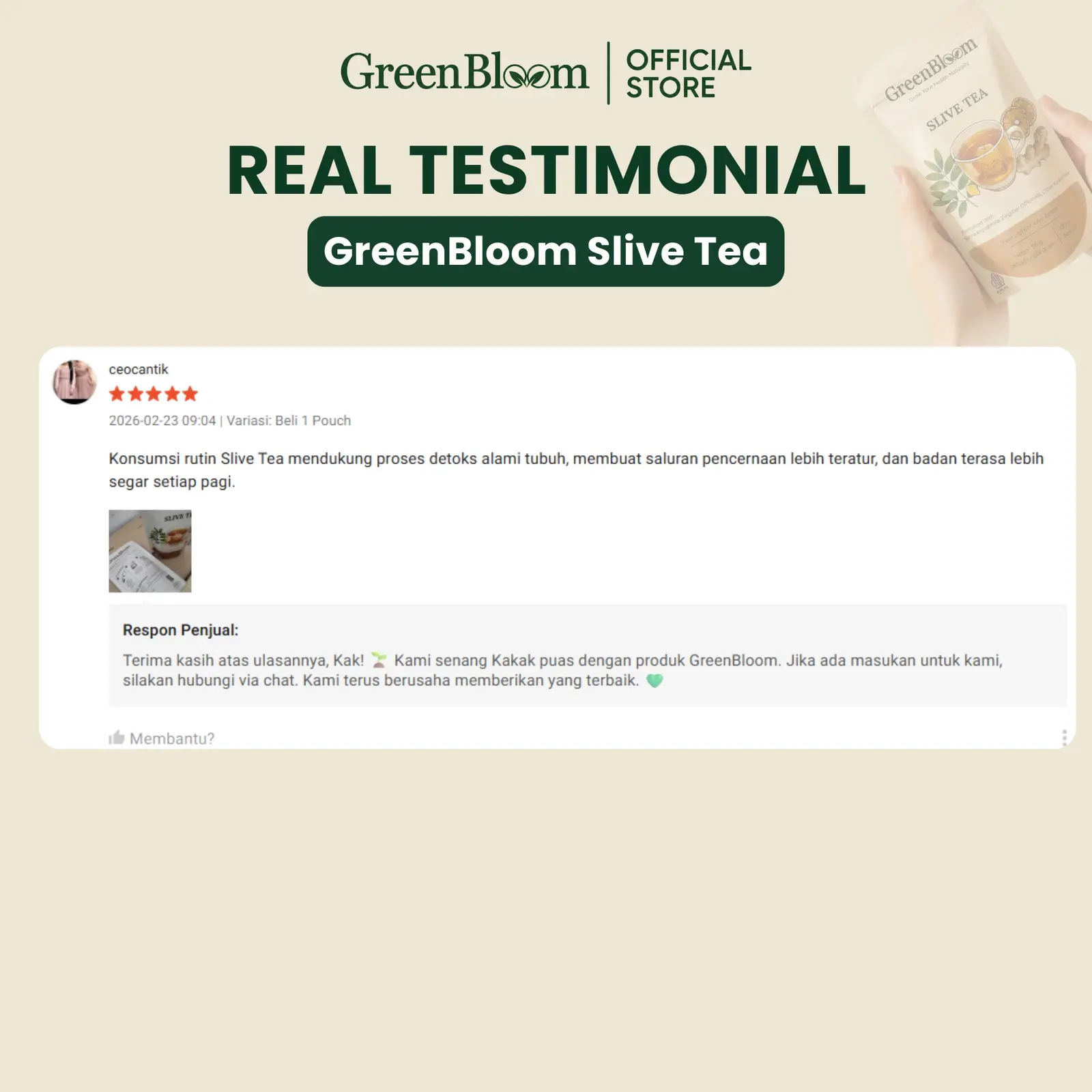 GreenBloom Slive Tea Paket 2 Pouch - Teh Diet Detox Pelangsing Buncit Pembakar Lemak Herbal Alami โ foto 4