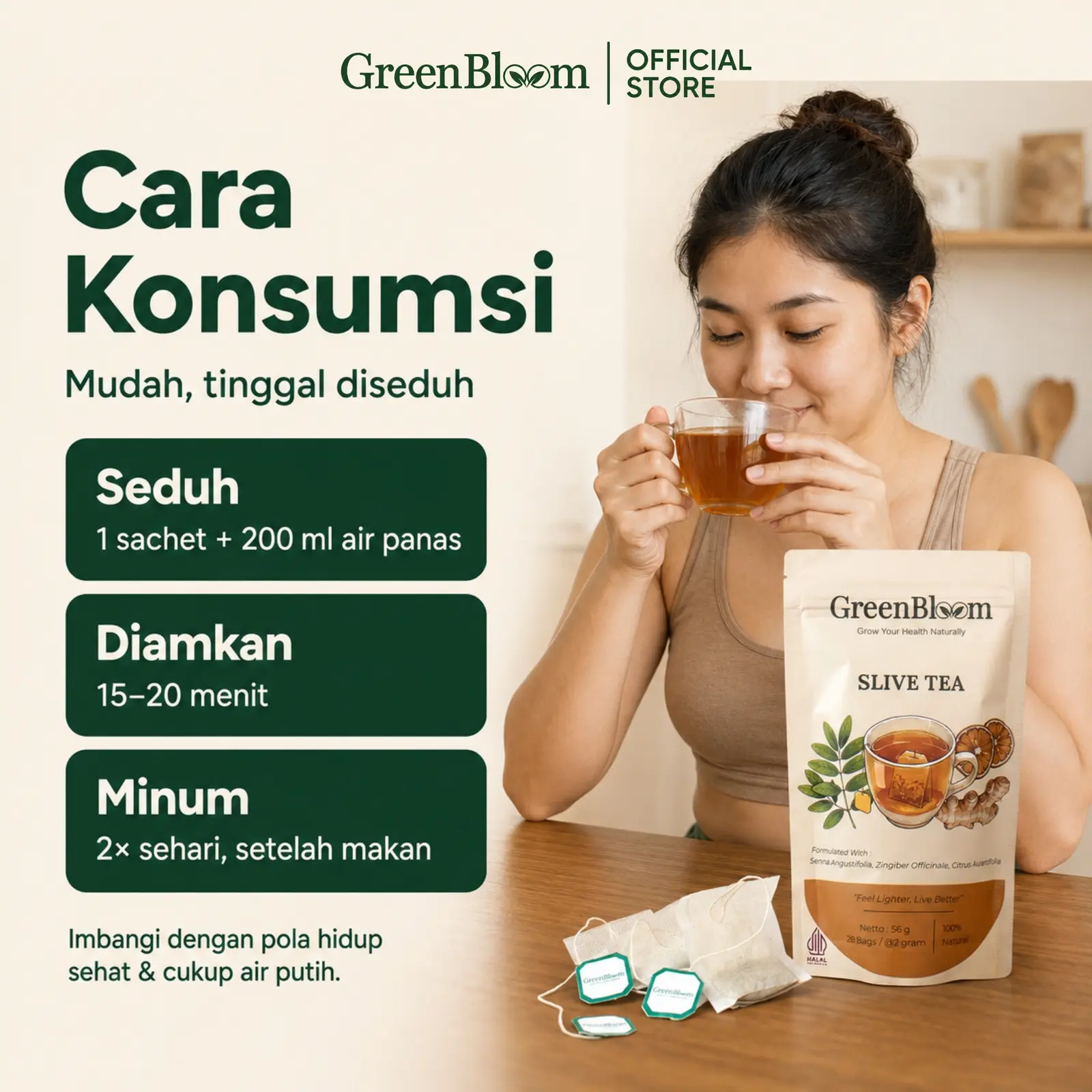 GreenBloom Slive Tea Paket 2 Pouch - Teh Diet Detox Pelangsing Buncit Pembakar Lemak Herbal Alami โ foto 8