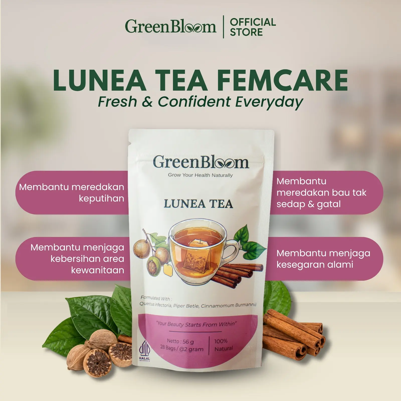 GreenBloom Lunea Tea 28 Kantong - Teh Keputihan Gatal Bau Miss V Kewanitaan Herbal Alami โ foto 2