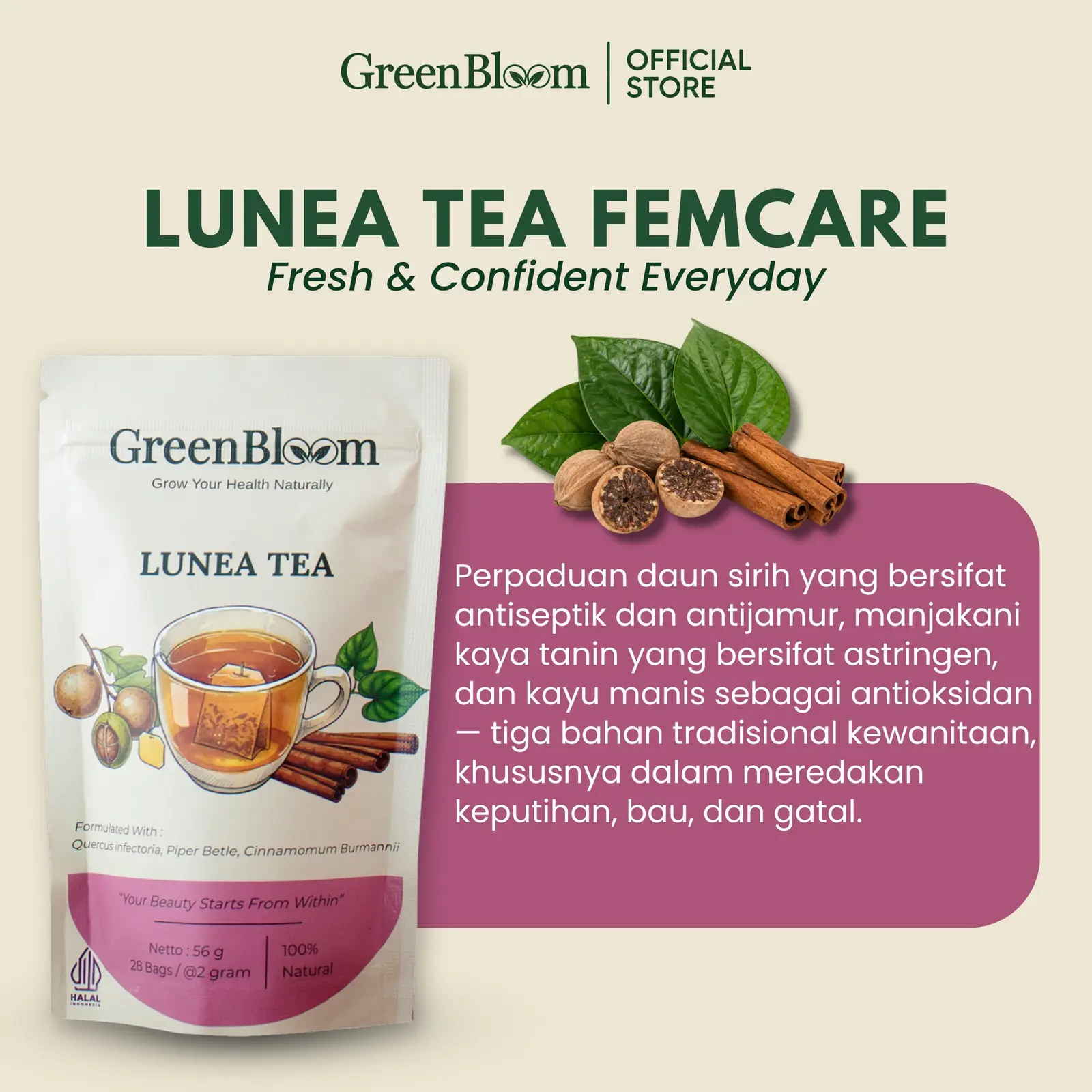 GreenBloom Lunea Tea 28 Kantong - Teh Keputihan Gatal Bau Miss V Kewanitaan Herbal Alami โ foto 3
