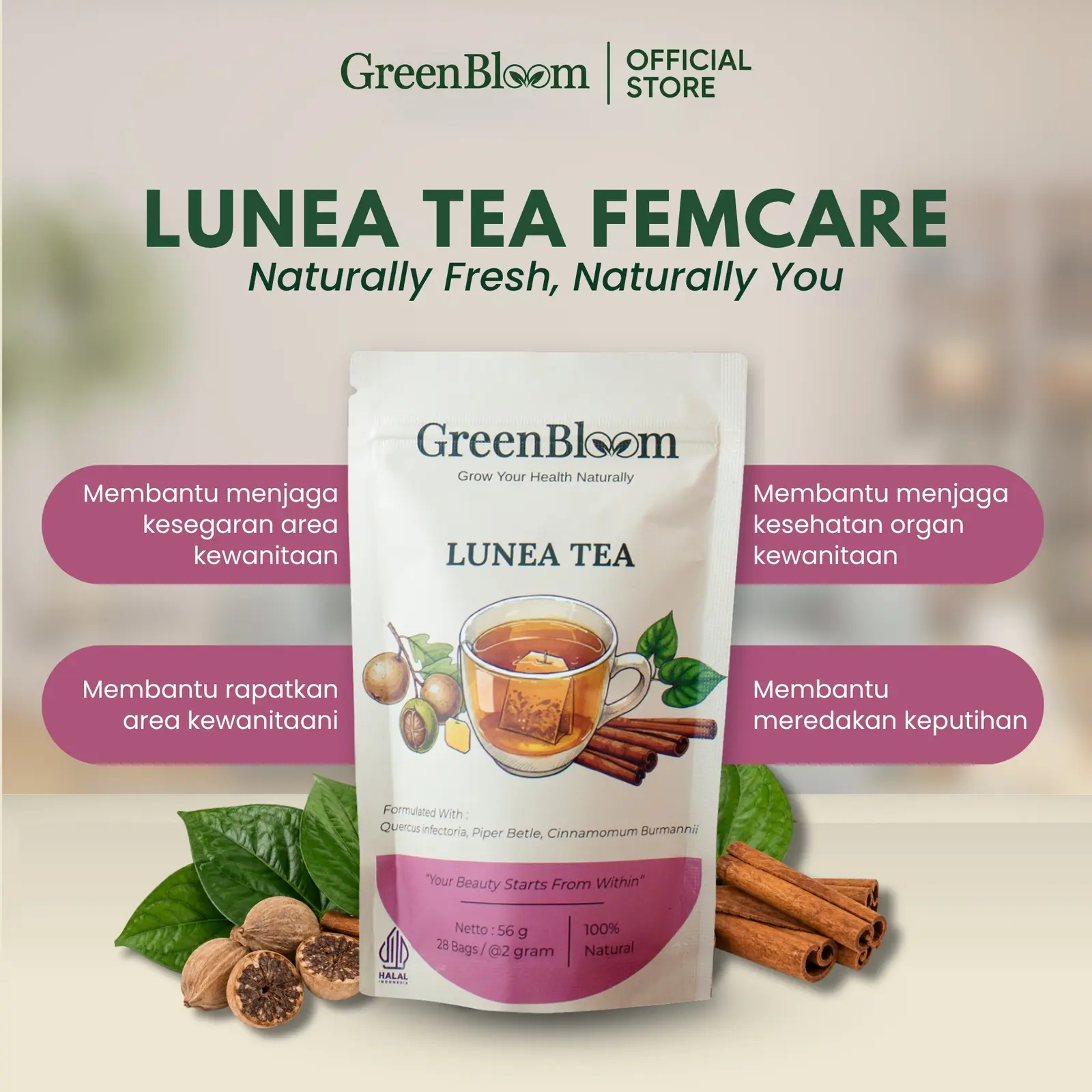 GreenBloom Lunea Tea 28 Kantong - Teh Perapat Wangi Miss V Merapatkan Kewanitaan Herbal Alami โ foto 2