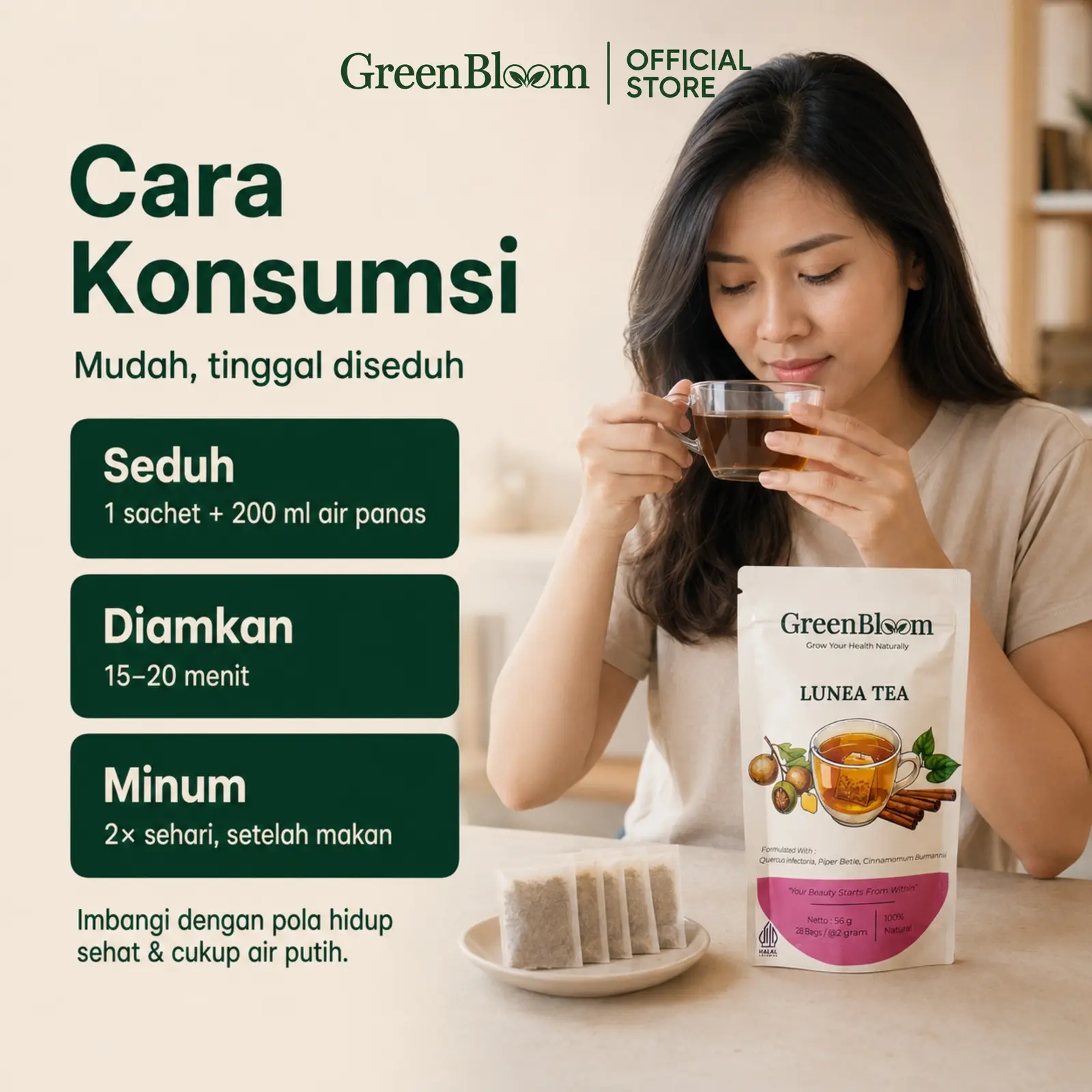 GreenBloom Lunea Tea 28 Kantong - Teh Perapat Wangi Miss V Merapatkan Kewanitaan Herbal Alami โ foto 7
