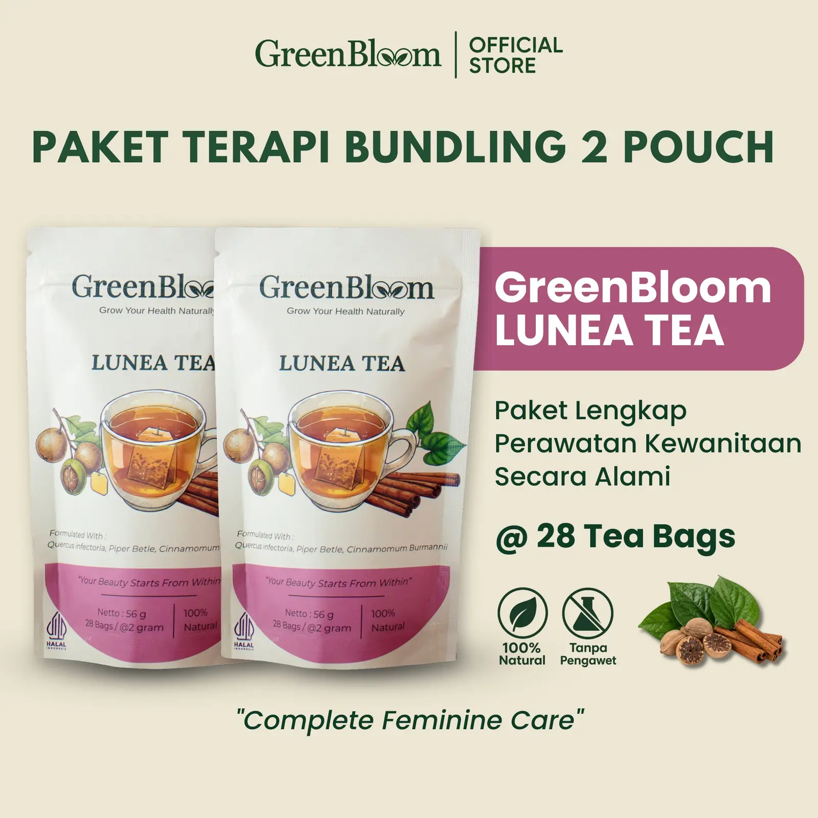 GreenBloom Lunea Tea Paket 2 Pouch - Teh Keputihan Perapat Wangi Miss V Kewanitaan Herbal Alami
